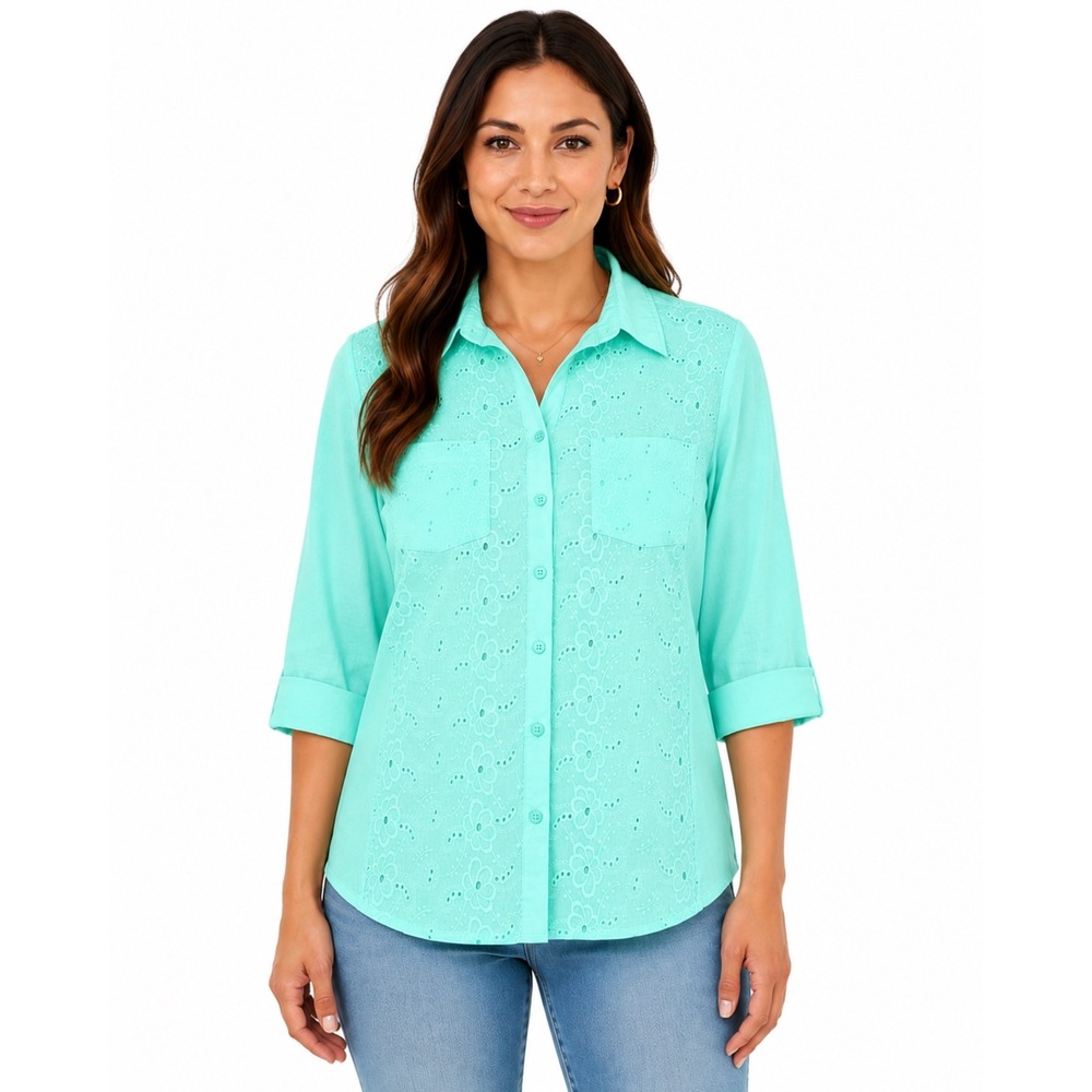 Croft & Barrow Womens Mint Green Eyelet Lace Button Down Shirt 3/4 Sleeve Large